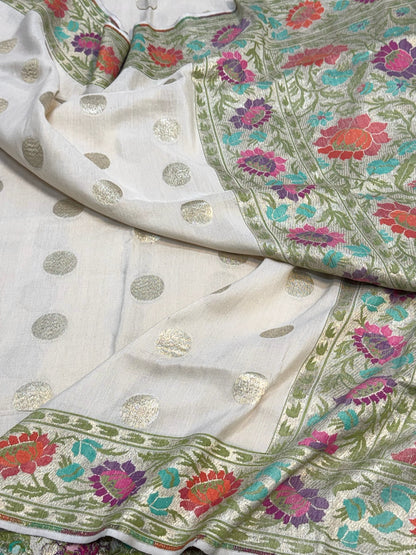 Ivory Pure Tussar Georgette Handwoven Banarasi Silk Saree