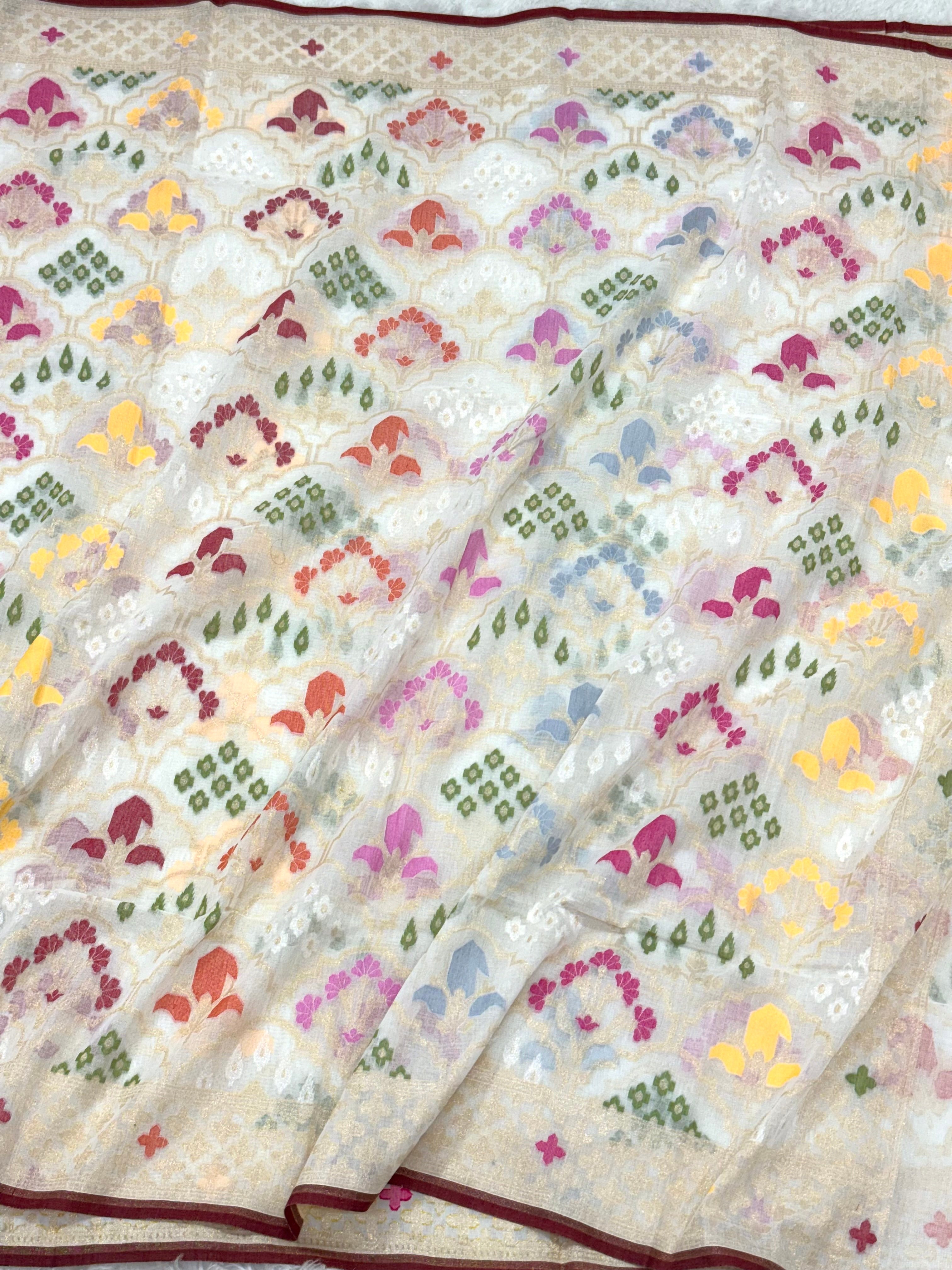 Pearl White Pure Muslin Cotton Jamdani Handloom Banarasi Dupatta