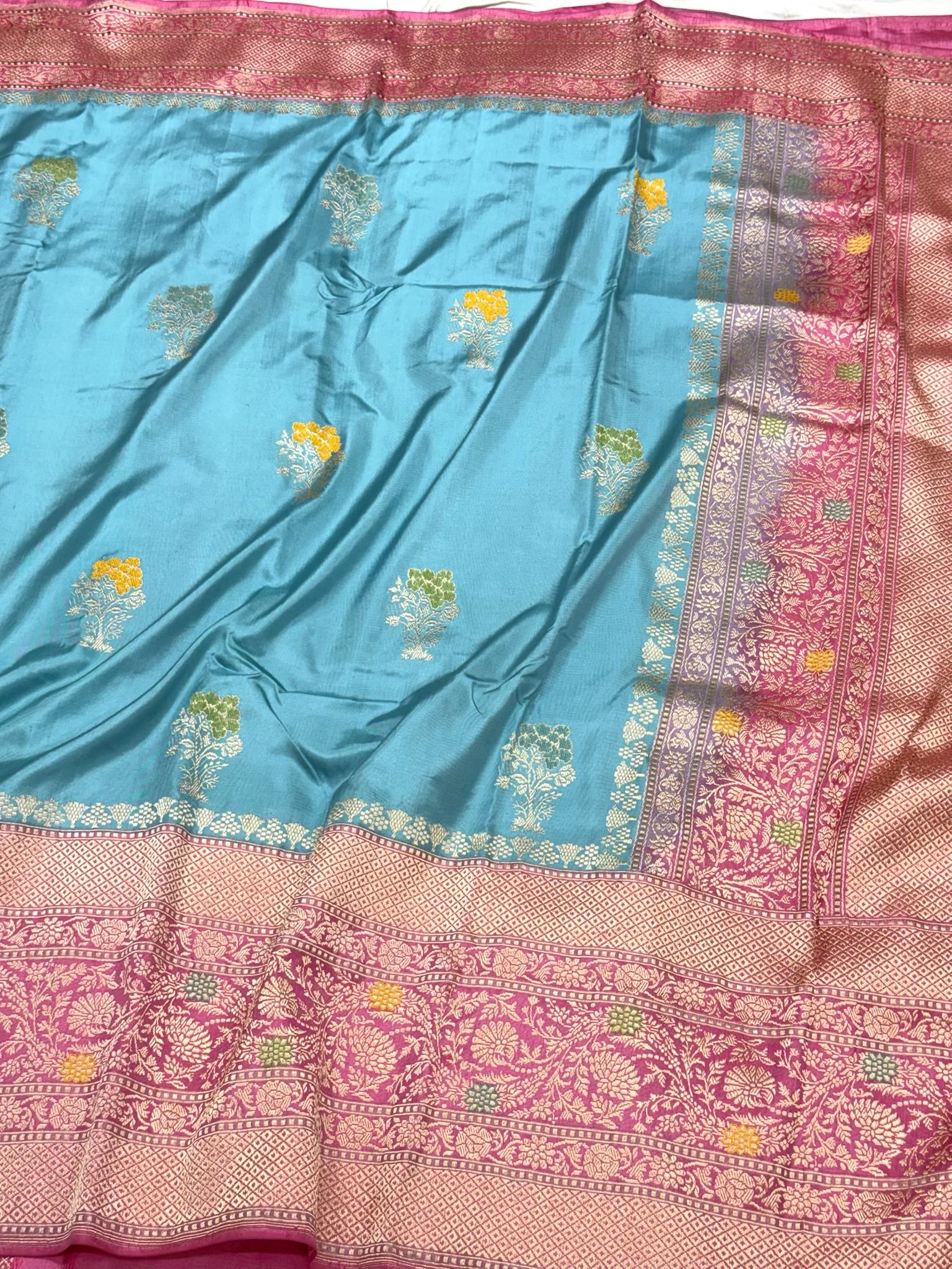 Aqua Blue Pure Mulberry Double Katan Silk | Kadhwa + Kadhiyal Weave | Handwoven Ektara Banarasi Saree - The Modern Heritage