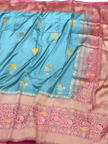 Aqua Blue Pure Mulberry Double Katan Silk | Kadhwa + Kadhiyal Weave | Handwoven Ektara Banarasi Saree - The Modern Heritage
