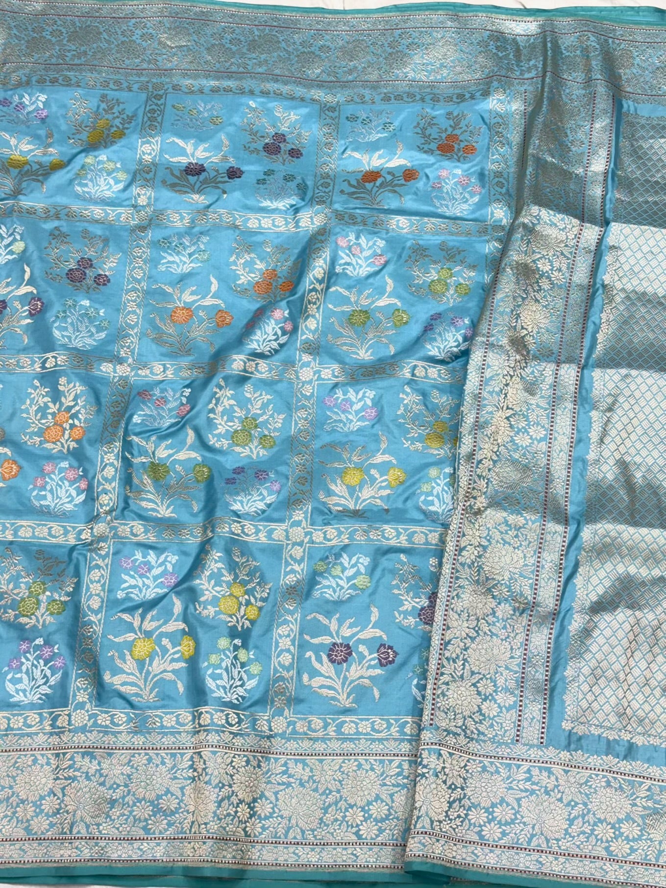 Baby Blue Pure Mulberry Double Katan Silk | Kadhwa Technique | Handwoven Luxury Banarasi Saree