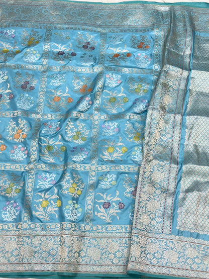 Baby Blue Pure Mulberry Double Katan Silk | Kadhwa Technique | Handwoven Luxury Banarasi Saree