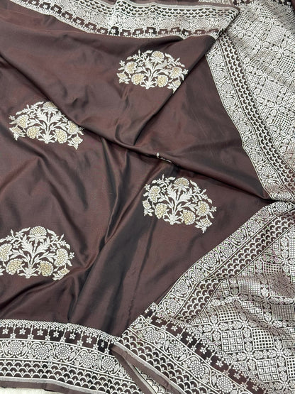 Brown Pure Katan Silk Handwoven Banarasi Saree |Ektara Weave|
