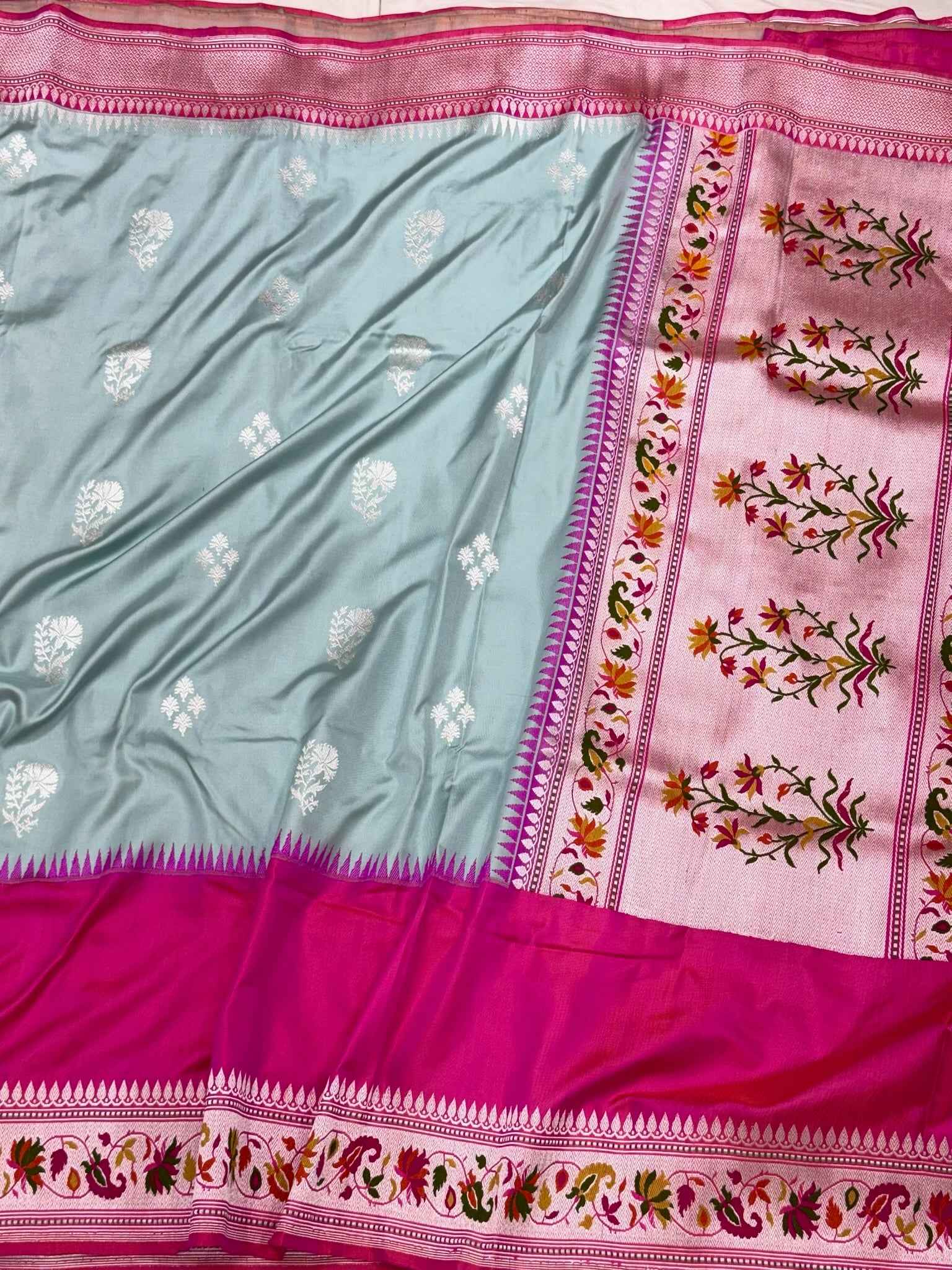 Powder Blue Exclusive Modern Banarasi Saree - Pure Mulberry Katan Silk | Kadhwa Ektara Weave Handwoven Saree