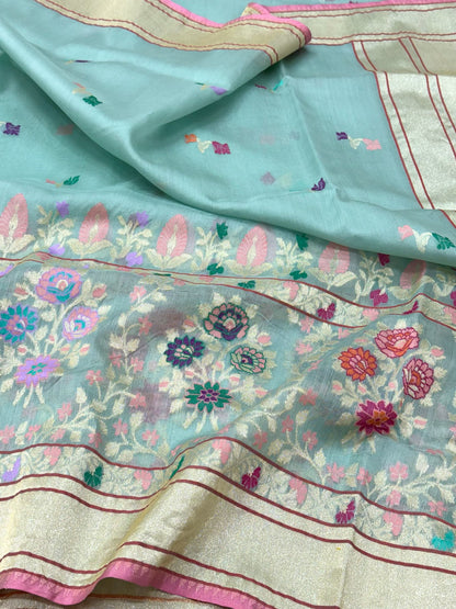 Aqua Blue Pure Kora Silk Jamdani Handwoven Banarasi Saree - Pure Mulberry Silk Skirt Border Saree