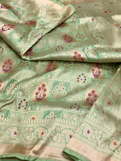 Pista Green Pure Katan Mulberry Silk Handloom Banarasi Brocade Saree