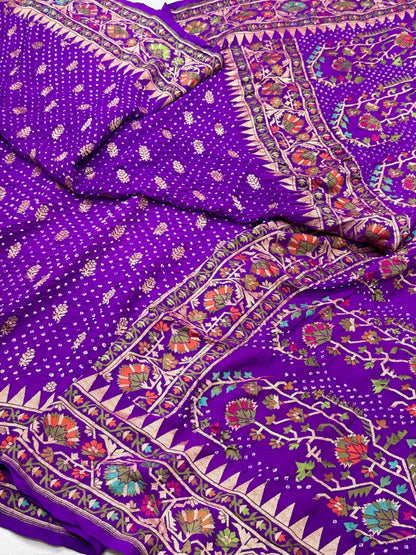 Purple Pure Chiffon Georgette Handloom Banarasi Bandhej Saree - Six Yards Elevated