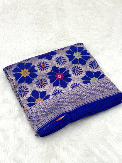 Electric Blue Pure Mulberry Katan Silk Banarasi Handloom Saree