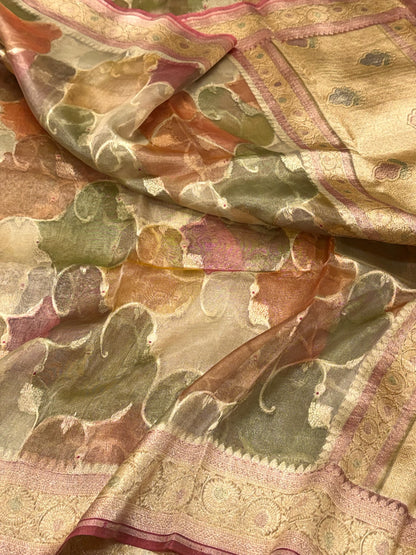 Yellow Pure Mulberry Tissue Silk Handloom Banrasi Saree |Ektara Weave|