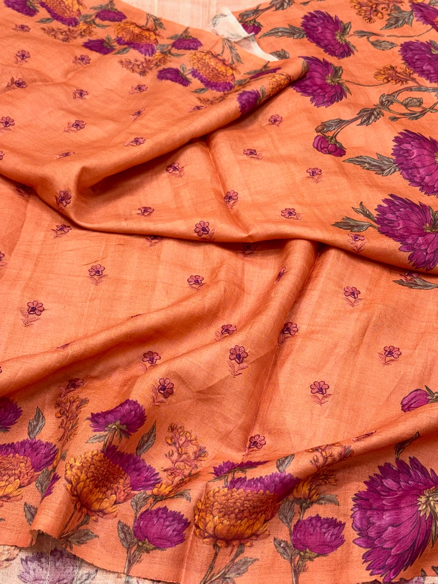 Peach Orange Pure Tussar Silk Handloom Printed with Embroidery Banarasi Saree - Soft Lightweight Banarasi Saree