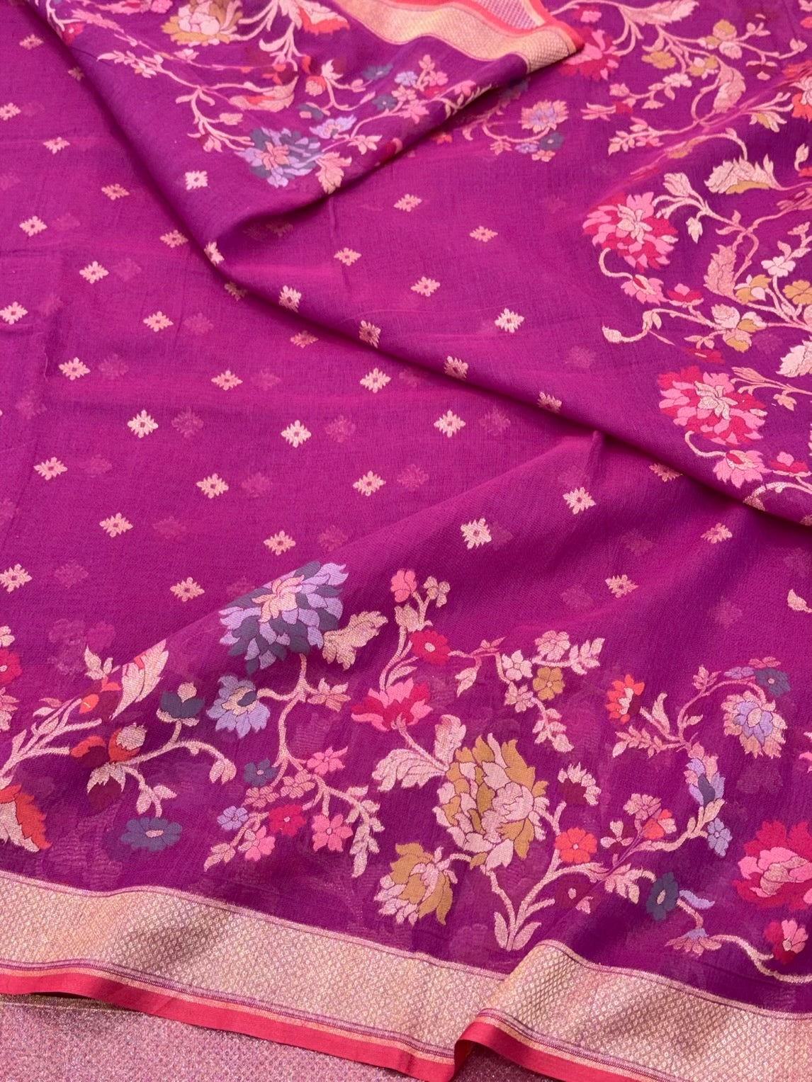 Magenta Purple Pure Muslin Cotton Jamdani Handloom Banarasi Saree |Ektara Weave|