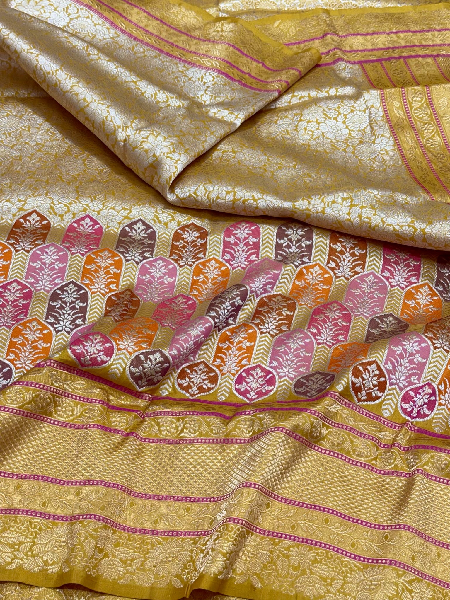Mustard Yellow Pure Mulberry Katan Silk Handwoven - Kadhwa Techique Modern Banarasi Brocade Saree