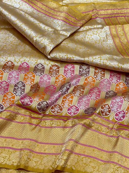Mustard Yellow Pure Mulberry Katan Silk Handwoven - Kadhwa Techique Modern Banarasi Brocade Saree