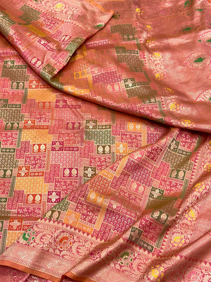 Yellowish Pink Pure Mulberry Katan Silk Handloom Banarasi Saree |Rangkaat|