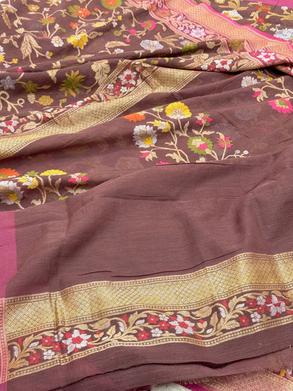 Chocolate Brown Pure Muslin Cotton Jamdani Handloom Banarasi Saree |Ektara Weave|