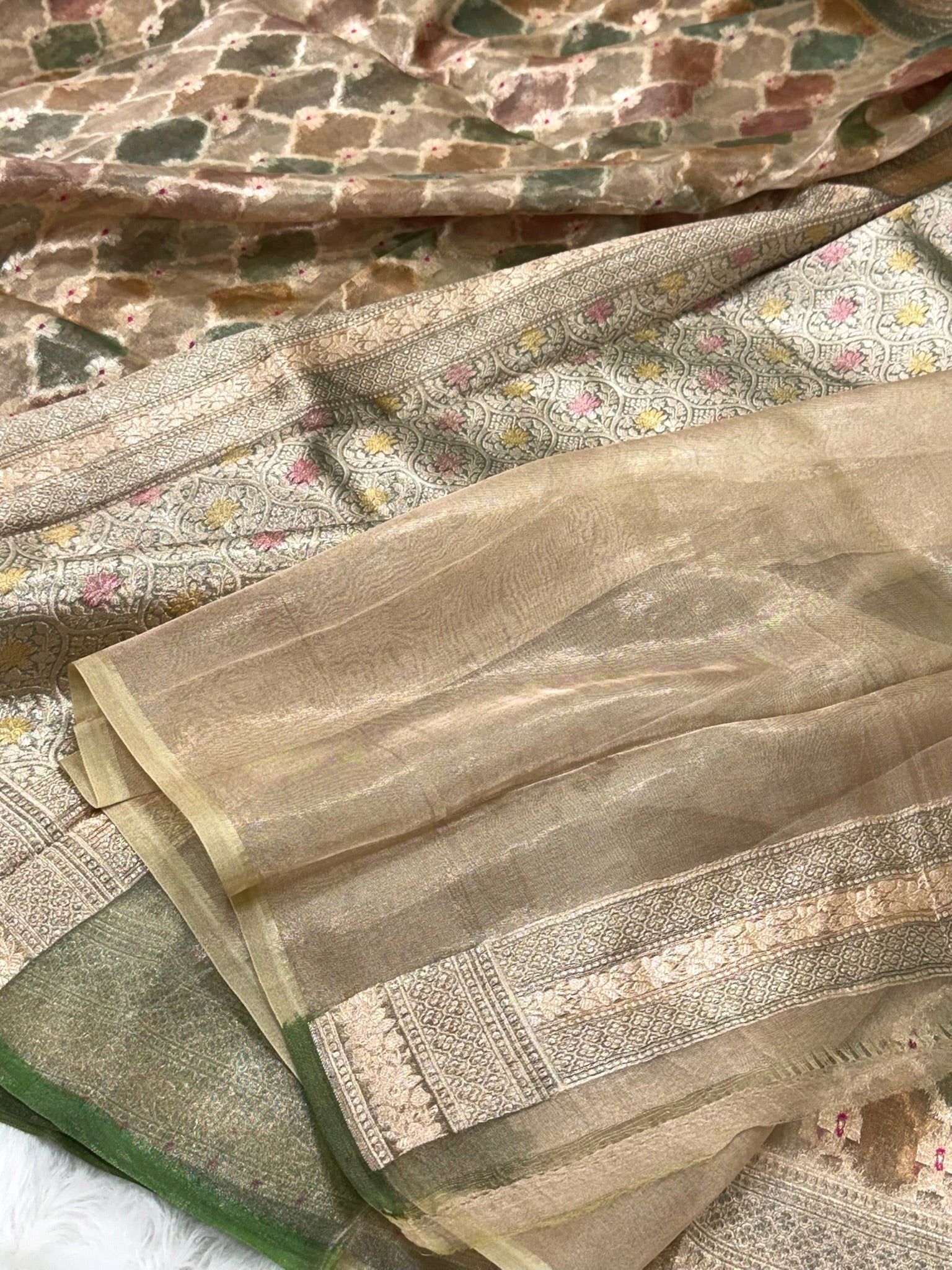 Green Pure Mulberry Tissue Silk Handloom Banarasi Saree |Ektara Weave|