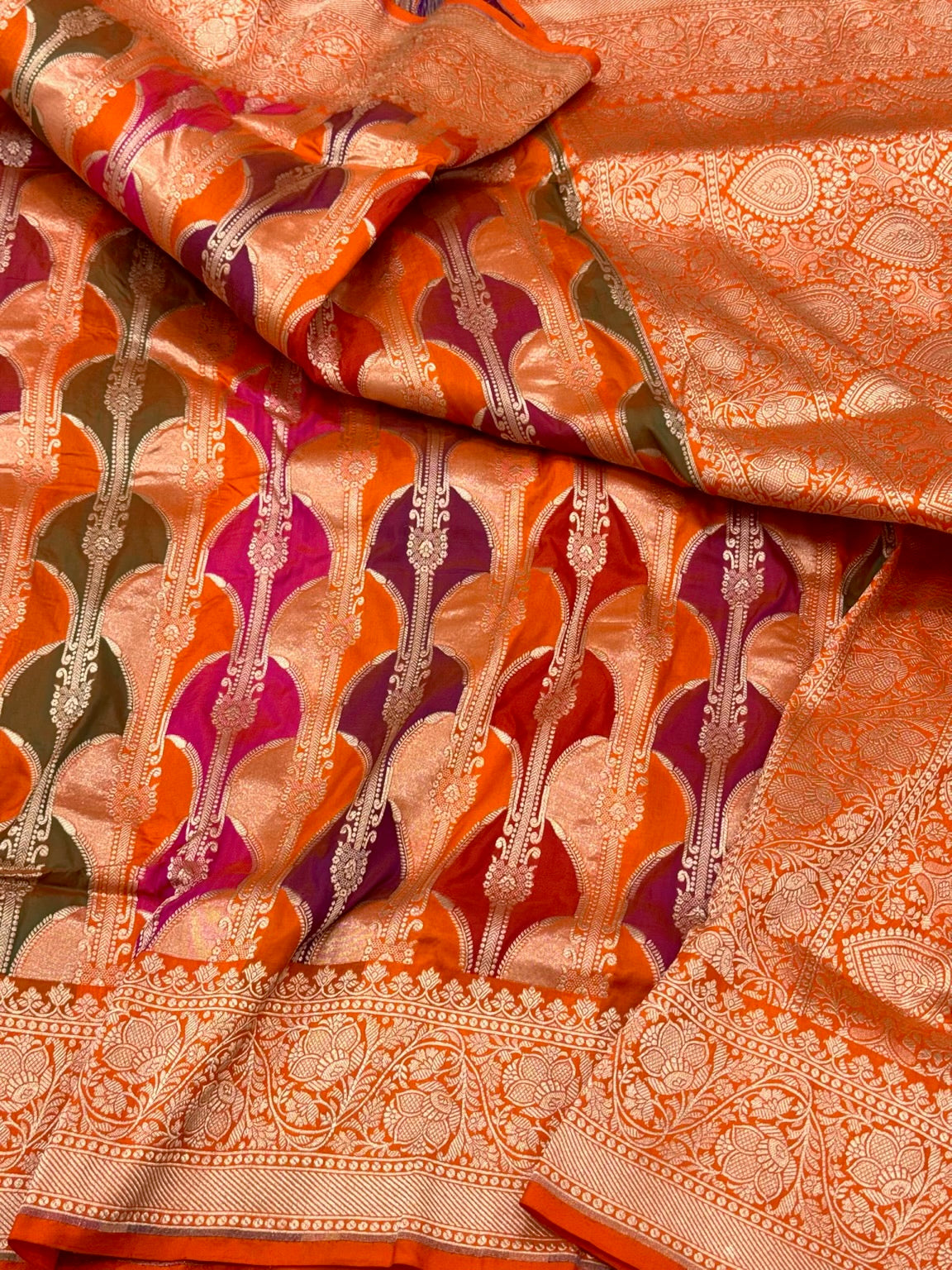 Orange Pure Katan Silk & Pure Mulberry Silk Rangkaat Handloom Modern Banarasi Saree