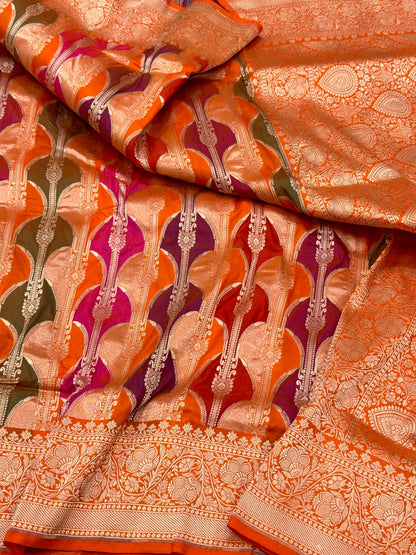 Orange Pure Katan Silk & Pure Mulberry Silk Rangkaat Handloom Modern Banarasi Saree