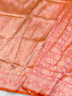 Peach Orange Pure Mulberry Katan Silk Handloom Banarasi Saree