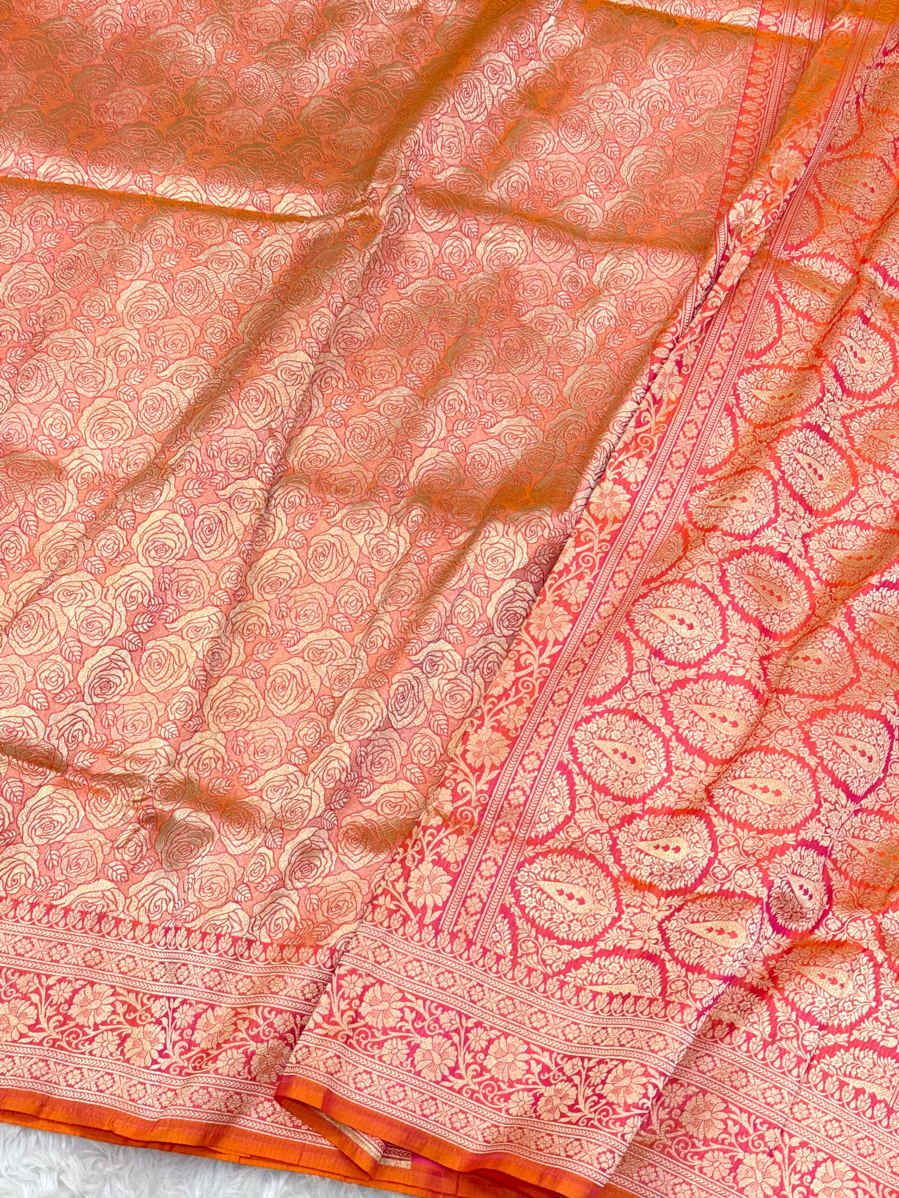 Peach Orange Pure Mulberry Katan Silk Handloom Banarasi Saree