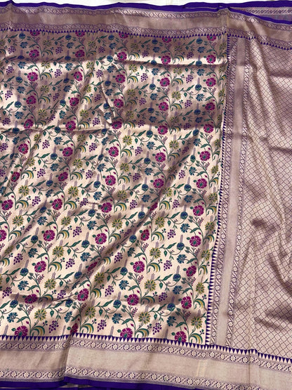 Gold/Purple Pure Mulberry Katan Silk Handwoven | Kadhwa Weave | Banarasi Saree - Paithani Brocade Banarasi Saree