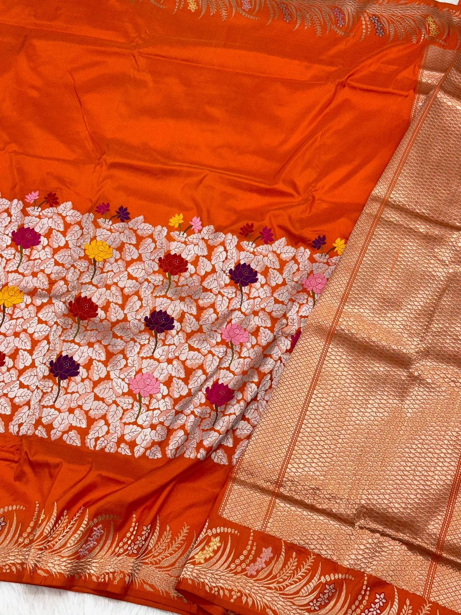 Orange Pure Mulberry Katan Silk Handwoven Banarasi Saree