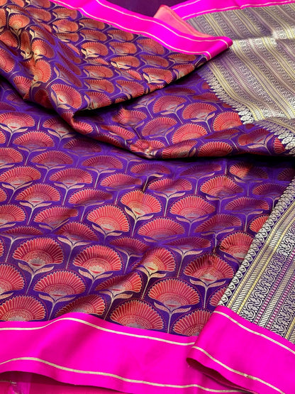 Purple Pure Satin Silk Handwoven | Kadhwa Technique | Tanchoi Banarasi Saree