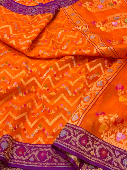 Orange Pure Kora Silk Ektara Weave Lightweight Handloom Banarasi Silk Saree