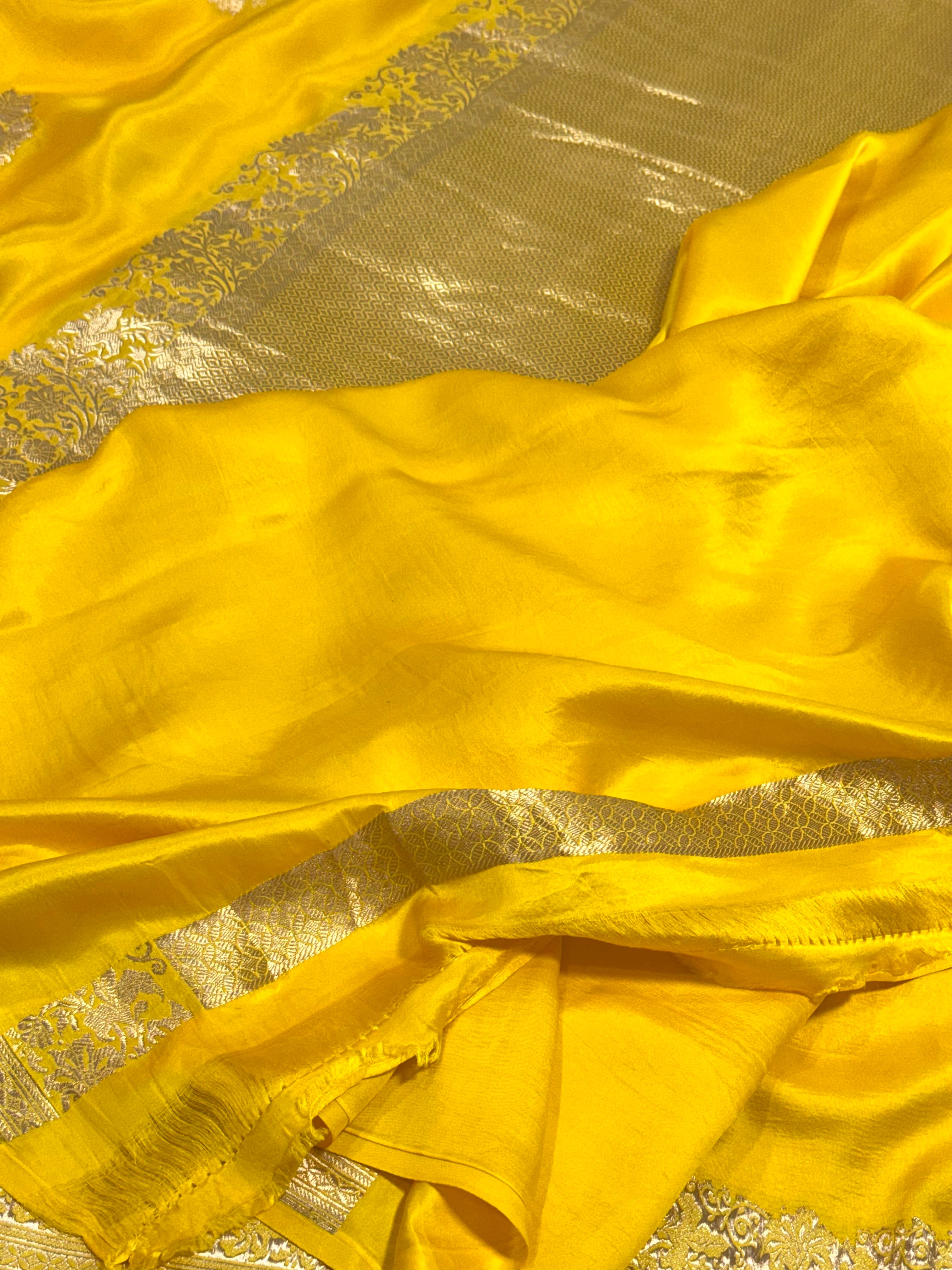 Lemon Yellow Pure Mashru Satin Silk Handwoven Banarasi Saree |Kadhuwa|