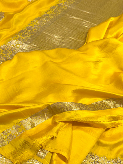 Lemon Yellow Pure Mashru Satin Silk Handwoven Banarasi Saree |Kadhuwa|