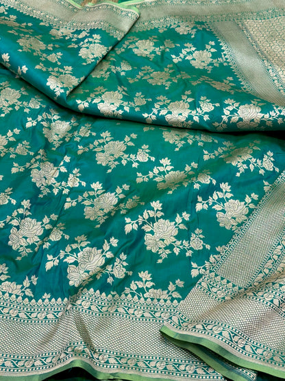 Green Dual Tone Pure Mulberry Silk & Pure Katan Silk Handloom Banarasi Saree