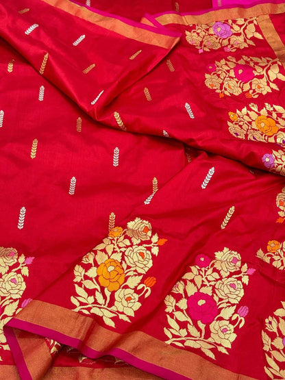 Red Pure Katan Silk Handwoven Saree