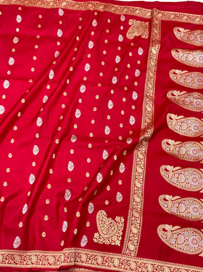 Red Banarasi Pure Katan Mulberry | Kadhwa Weave | Handwoven Vintage Premium Banarasi Saree