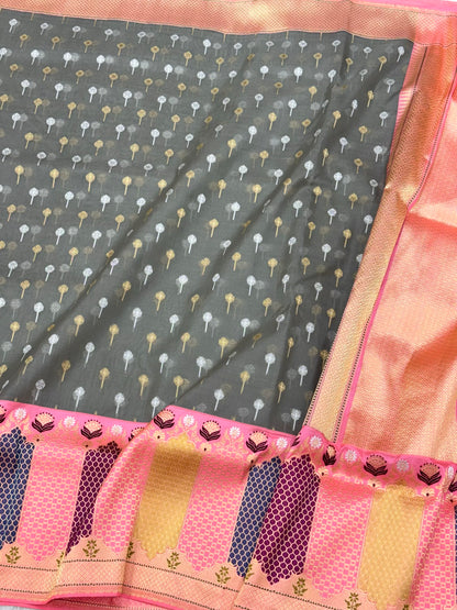 Steel Grey Pure Mulberry Kora Silk Handwoven Banarasi Saree | Kadhiyal Border