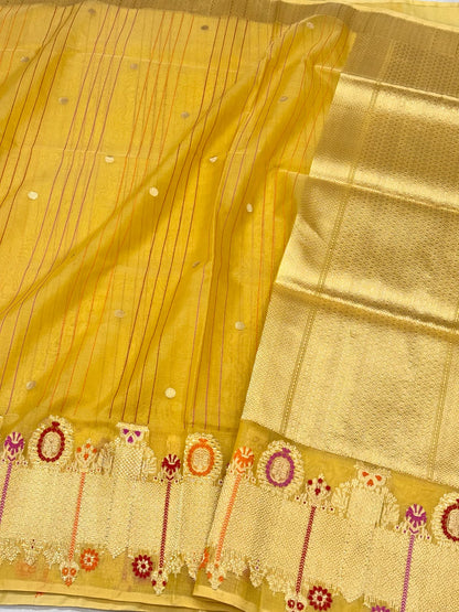Mustard Yellow Pure Mulberry Kora Silk Handwoven Banarasi Saree