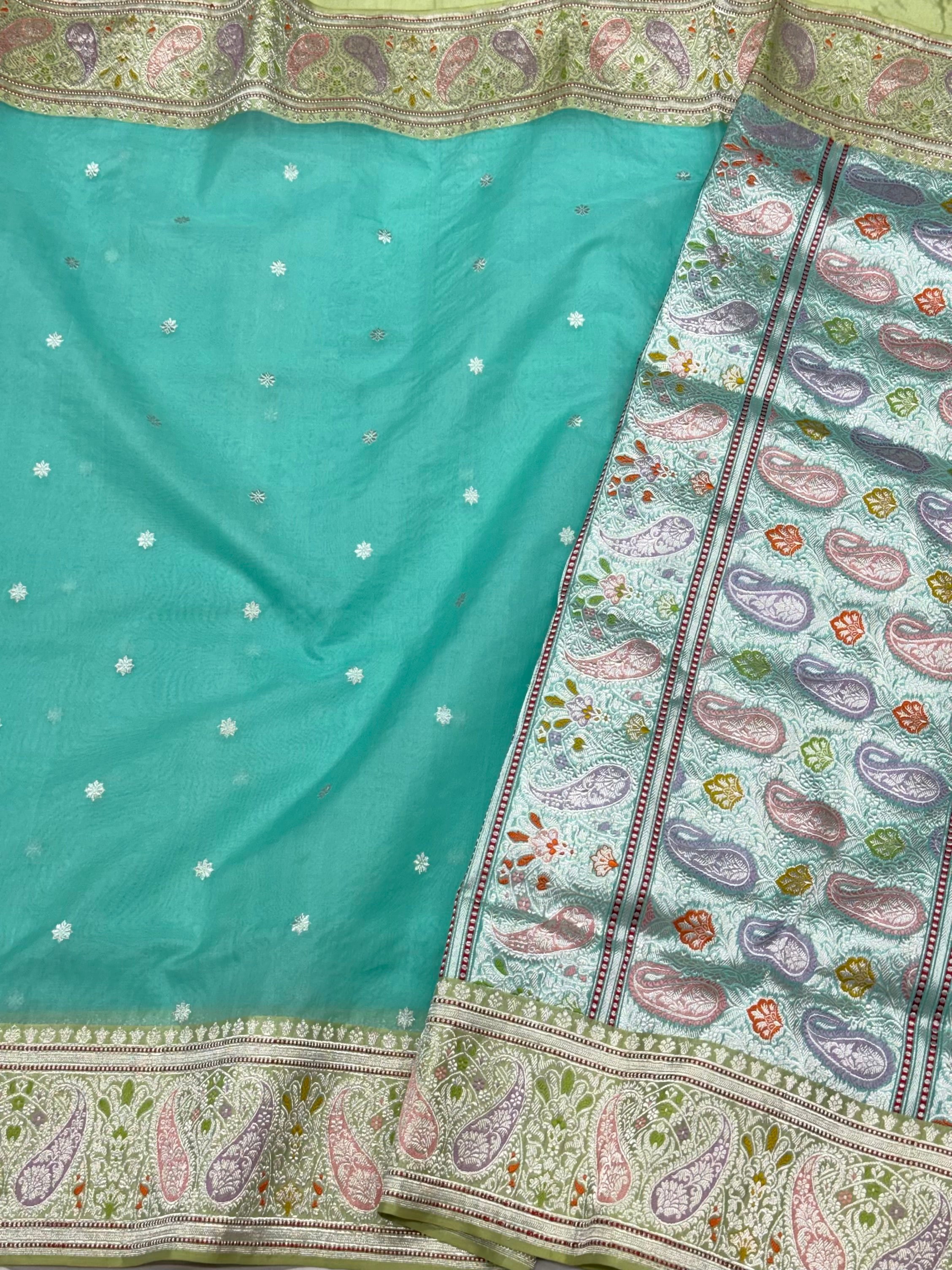 Aqua Green Pure Mulberry Kora Silk Handwoven Banarasi Saree