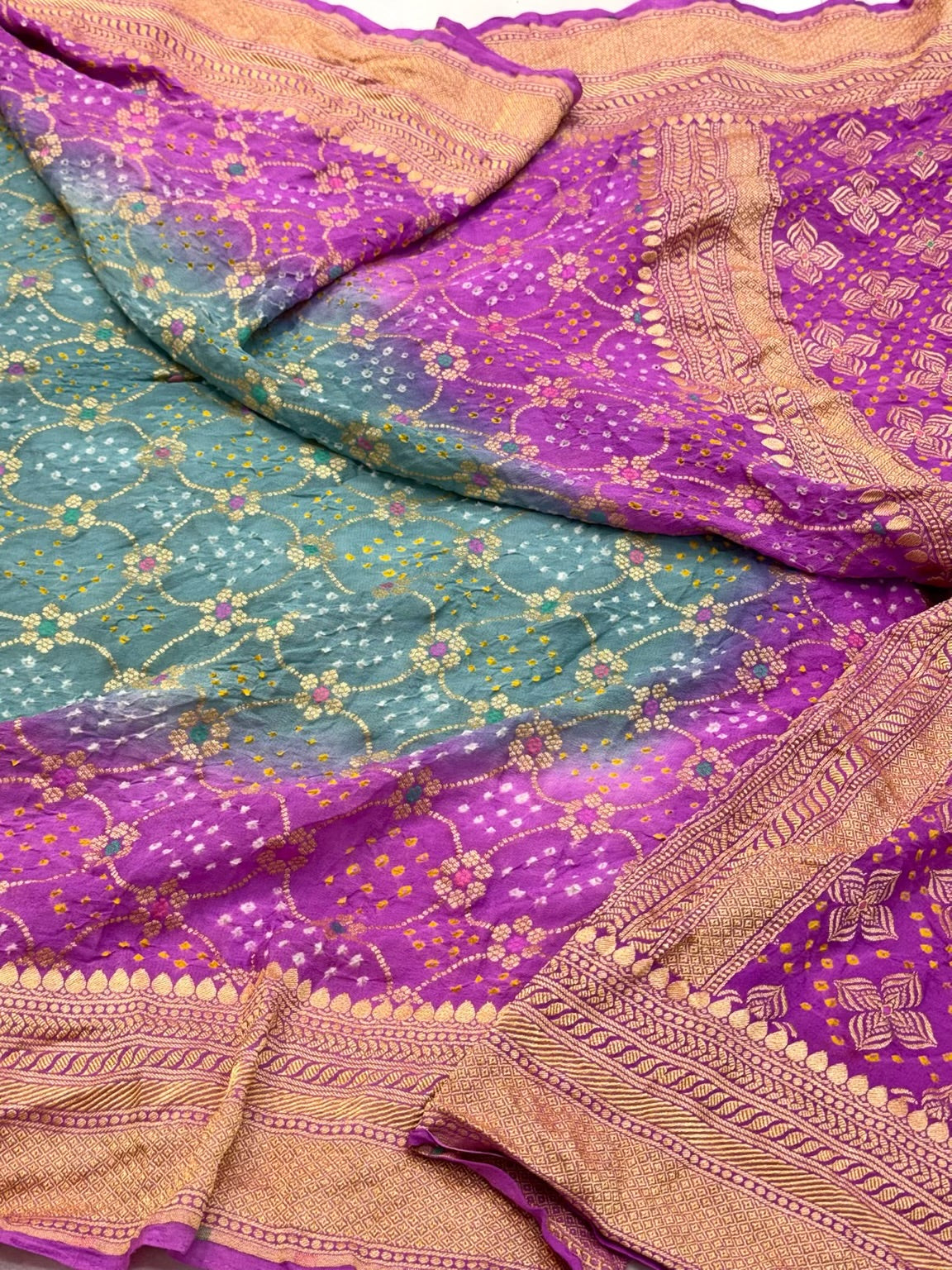 Green/Purple Pure Chiffone Georgette Handloom Bandhej Banarasi Saree - Lightweight Soft Saree