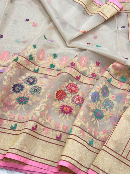 Ivory Pure Kora Silk Handwoven Banarasi Saree - Pure Mulberry Silk Skirt Border Saree