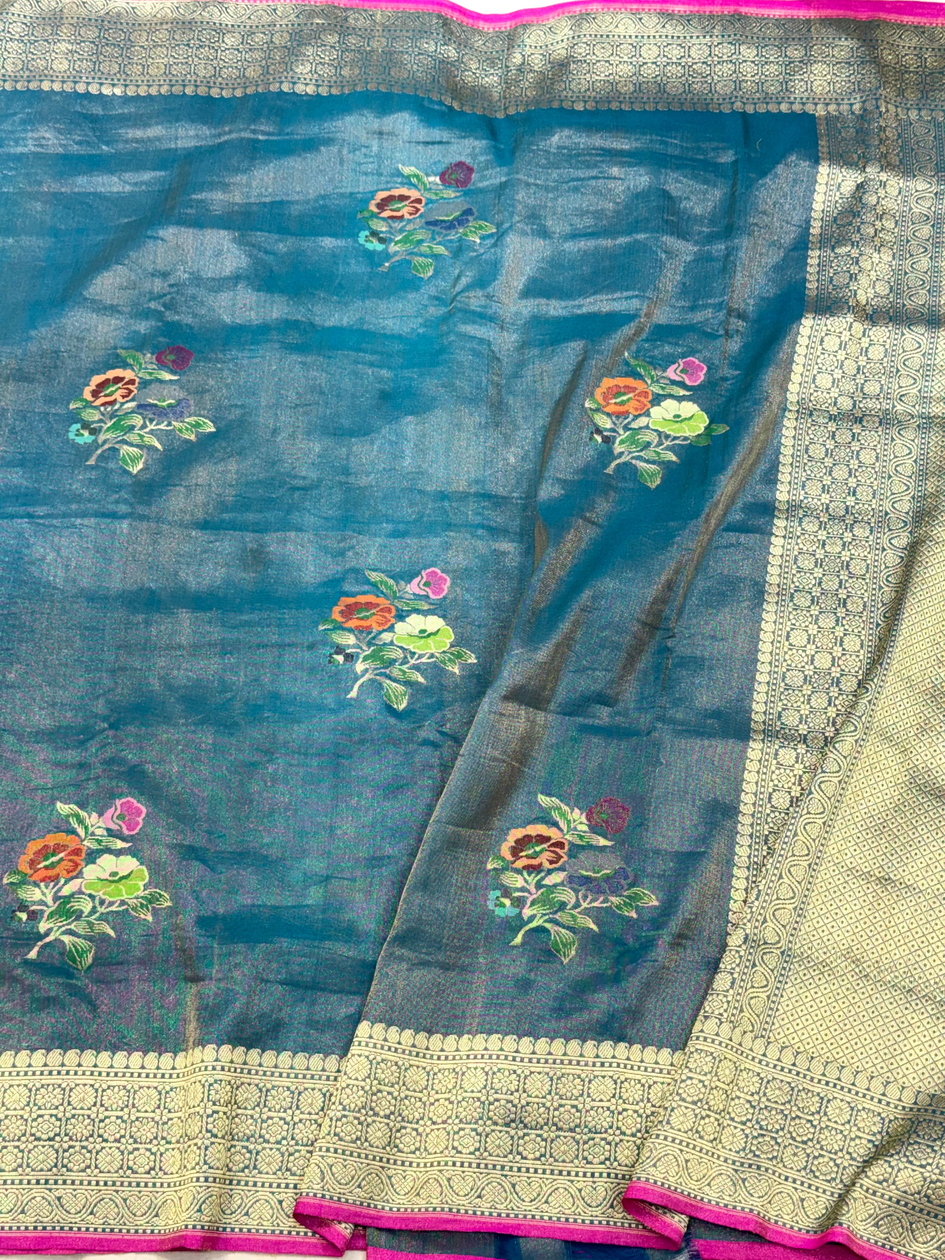 Peacock Blue Pure Double Katan Tissue Silk Ektara Handwoven Banarasi Saree