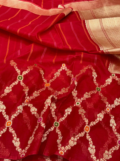 Red Pure Mulberry Silk | Kadhwa Weave | Pure Kora Silk Handwoven Exclusive Modern Half & Half Banarasi Saree