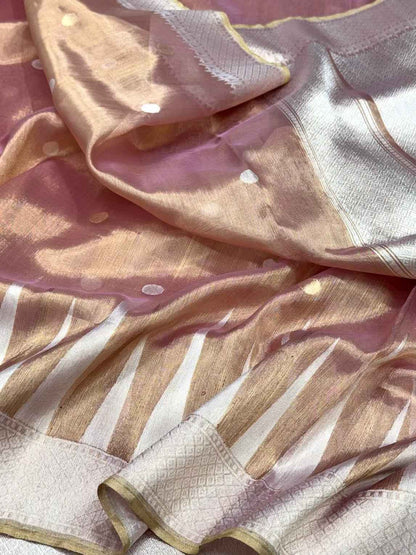 Dusty Rose Gold Pure Tissue Silk Saree - Kadhwa Tecnique | Pure Kora Silk Handwoven Banarsi Saree