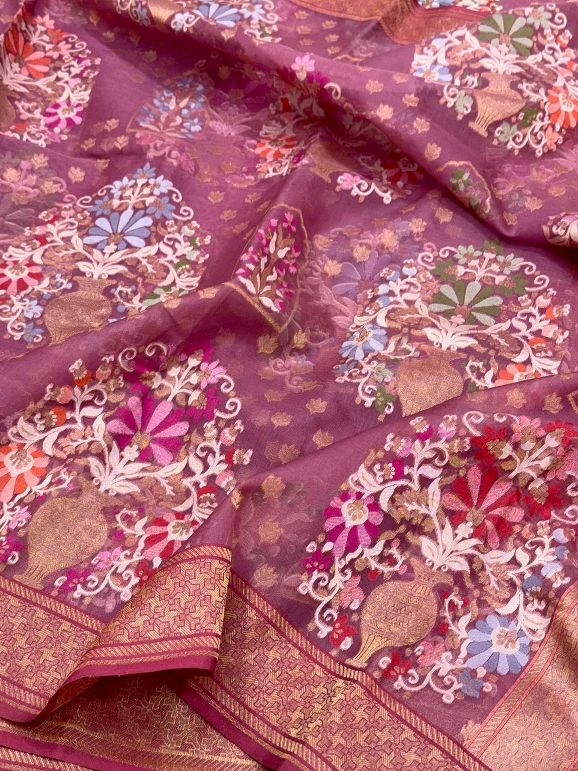 Lilac Pink Pure Kora Silk Handloom Banarasi Saree With Ektara Weave