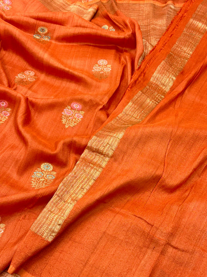 Orange Pure Tussar Georgette Silk Handwoven Banarasi Saree |Kadhuwa Weave|
