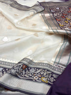 Pearl White/Wine Pure Kora Silk Modern Handwoven Banarasi Saree-Kadhuwa Weave
