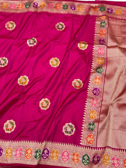 Rani Pink Pure Katan Mulberry Silk | Kadhwa Technique | Handwoven Banarasi Saree