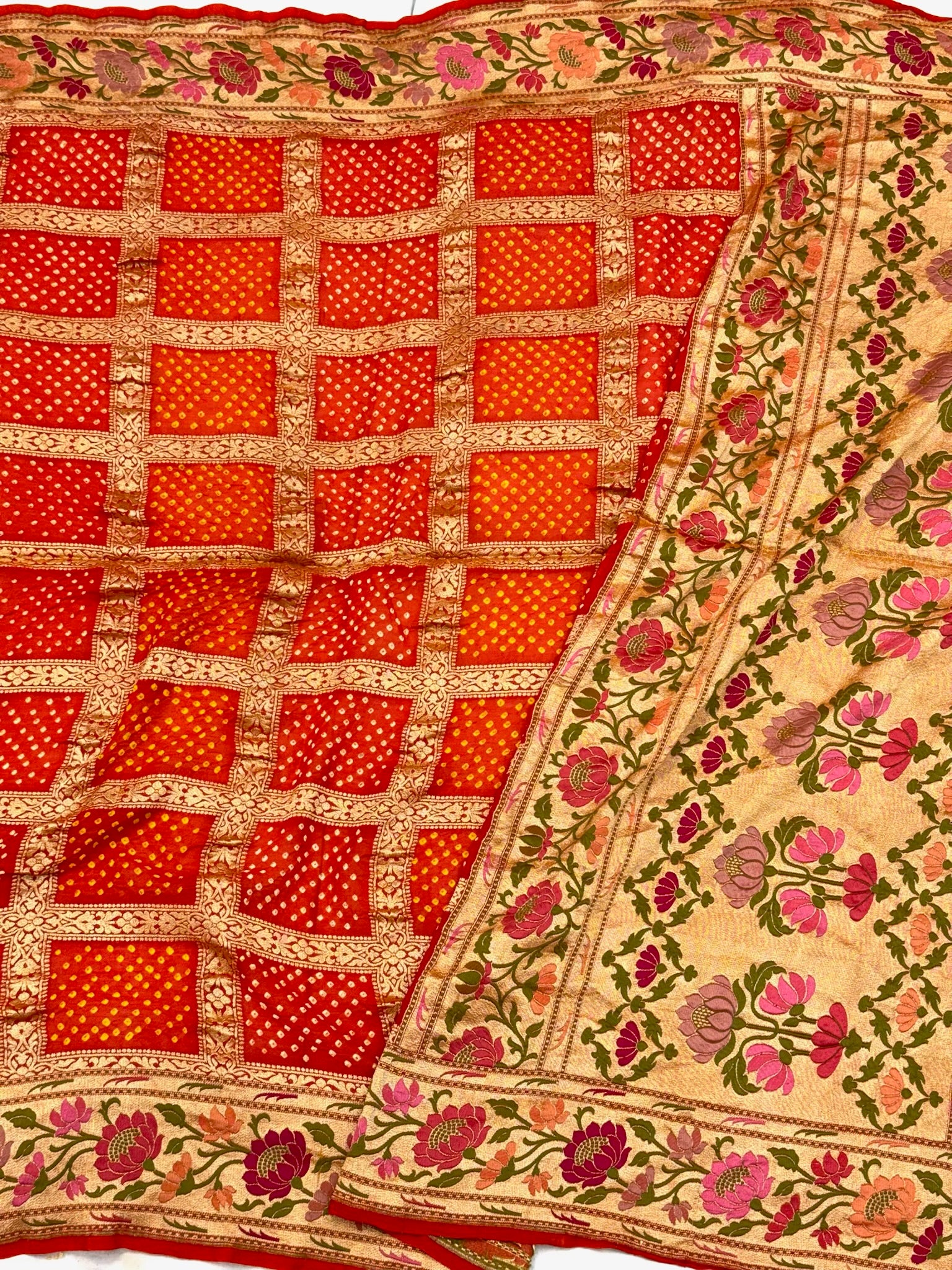 Orange Banarasi Handloom Saree | Pure Chiffon Georgette Banarasi Bandhej Saree