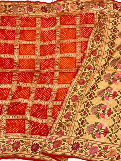 Orange Banarasi Handloom Saree | Pure Chiffon Georgette Banarasi Bandhej Saree