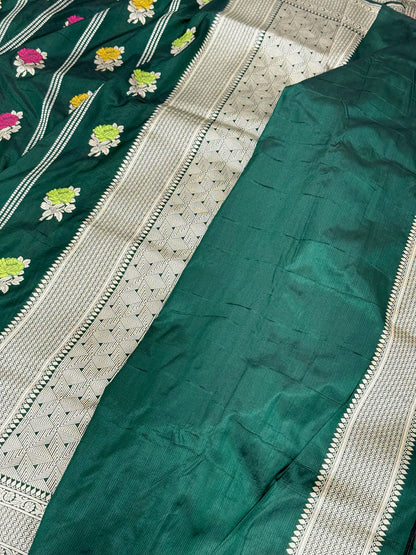 Bottle Green Pure Mulberry Katan Silk Banarasi Handloom Saree