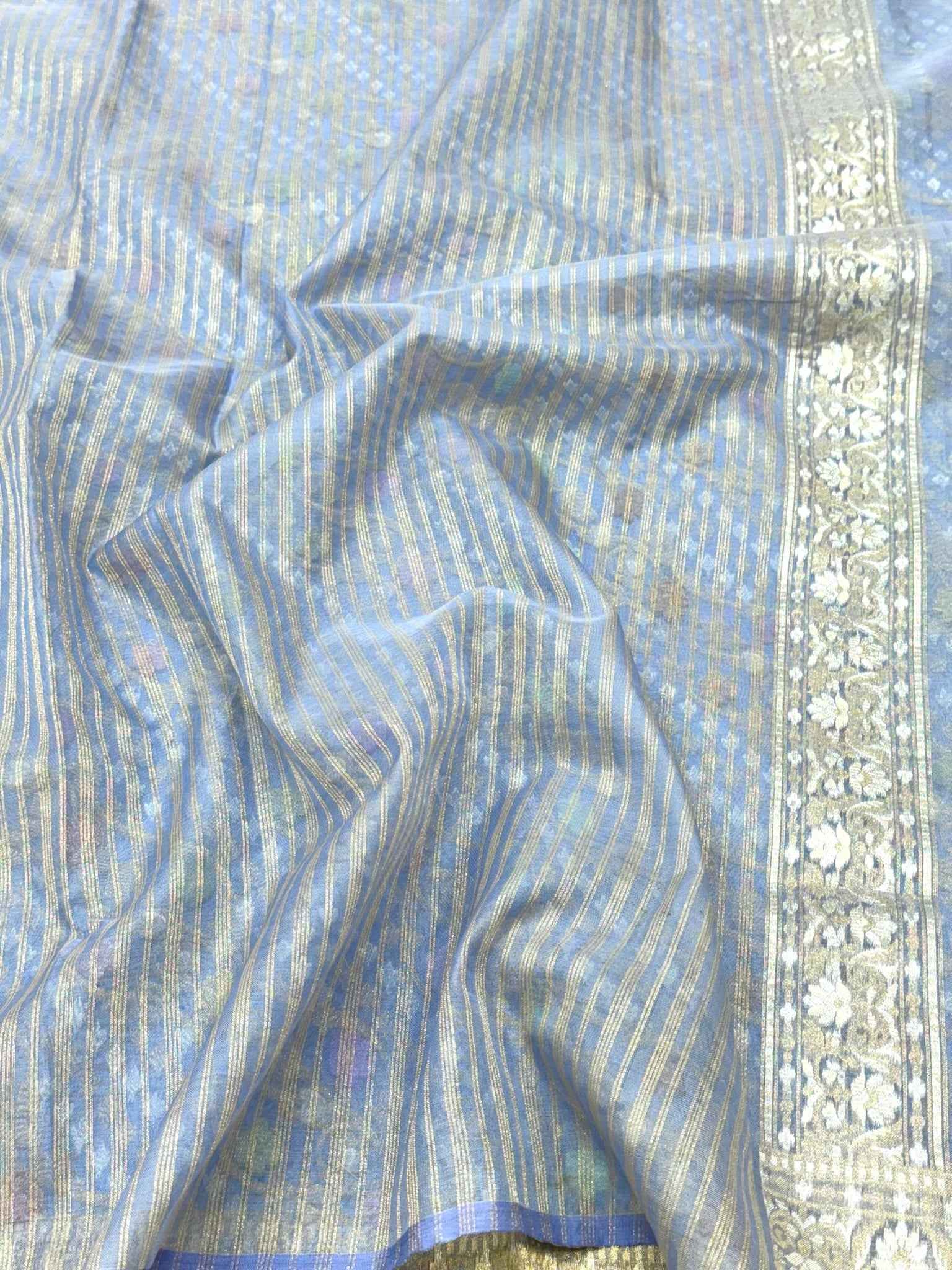 Cornflower Blue Pure Mulberry Kora Silk Jamdani Handloom Banarasi Saree - Ektara Weave