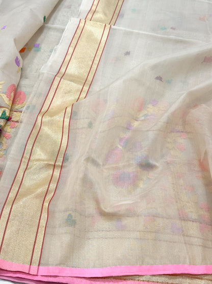 Ivory Pure Kora Silk Handwoven Banarasi Saree - Pure Mulberry Silk Skirt Border Saree